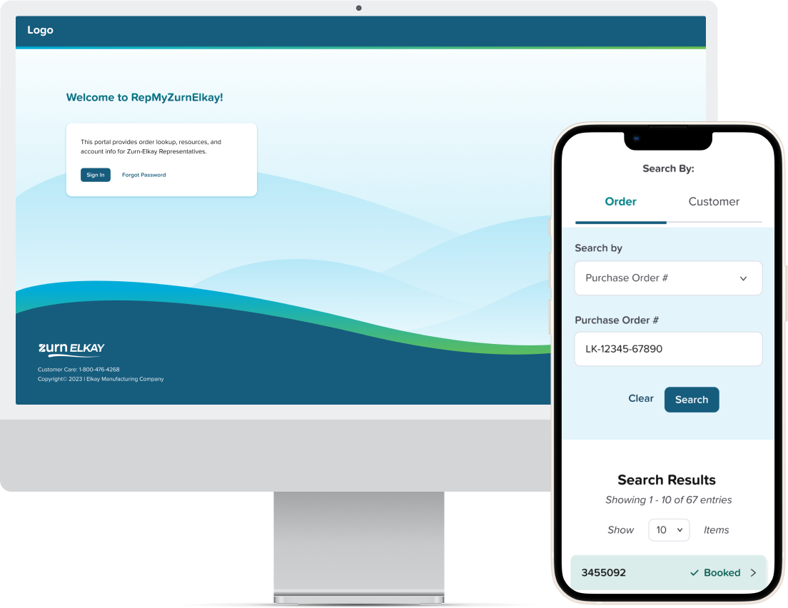 Desktop computer showing home page for the Rep Zurn Elkay portal and mobile phone showing order search interface.