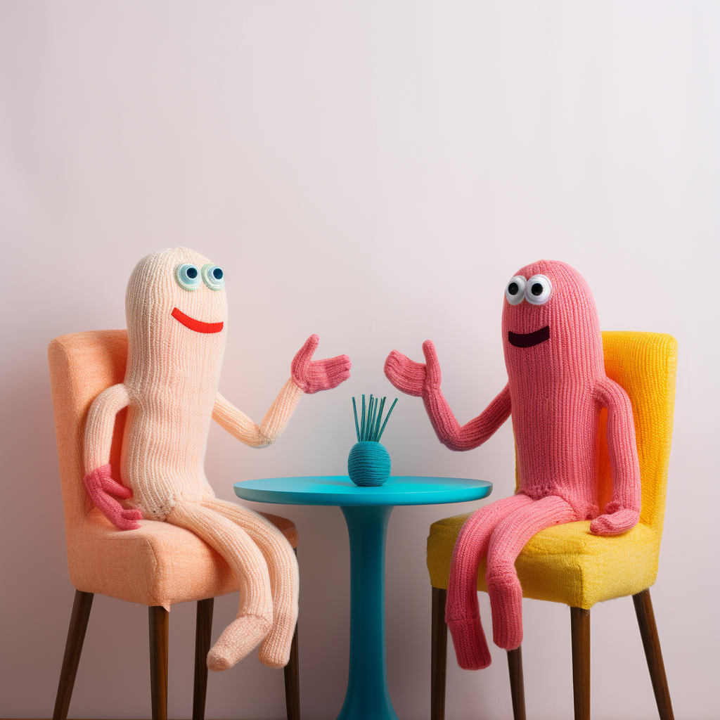 Two sock puppet sitting at a coffee table