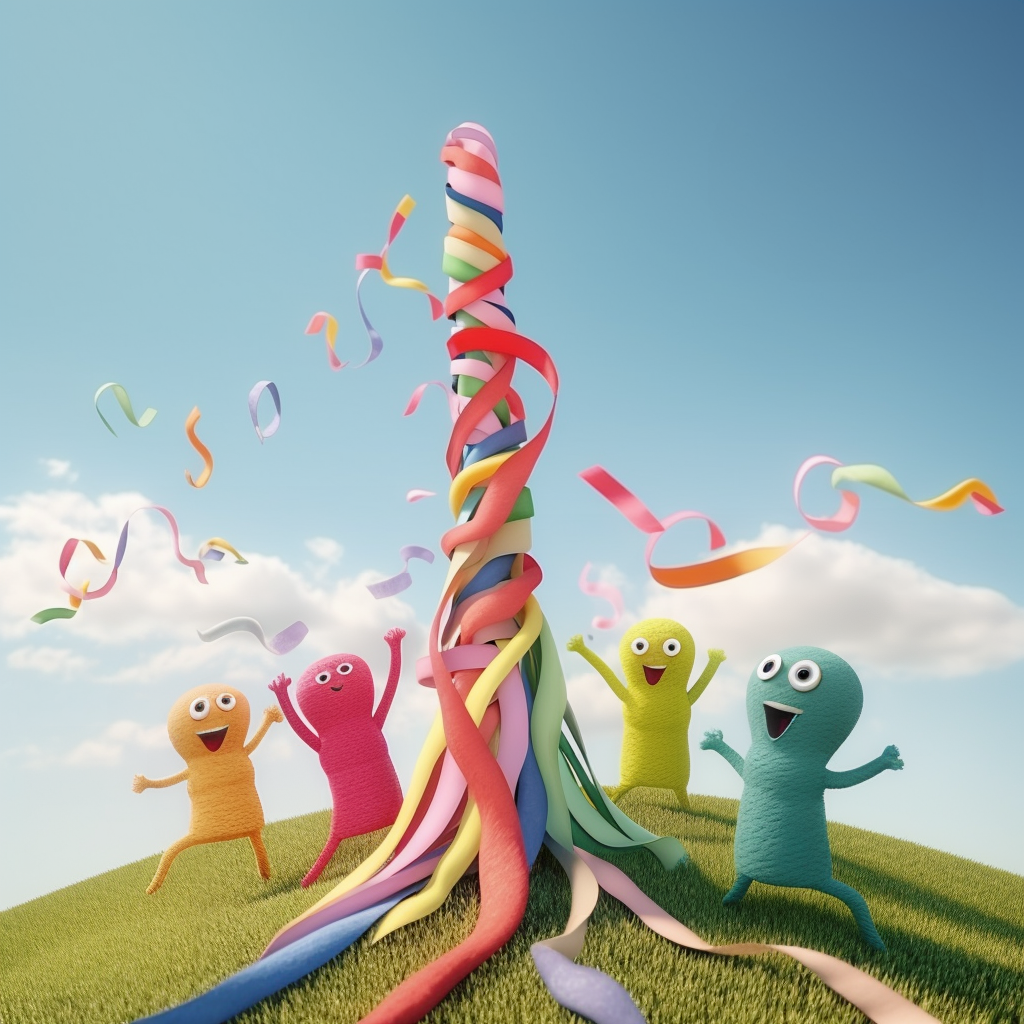 Happy, knit sock puppets dancing around a ribbon maypole in a field