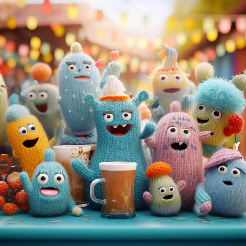 Happy knit sock-puppets in a teal beer garden made of felt and yarn