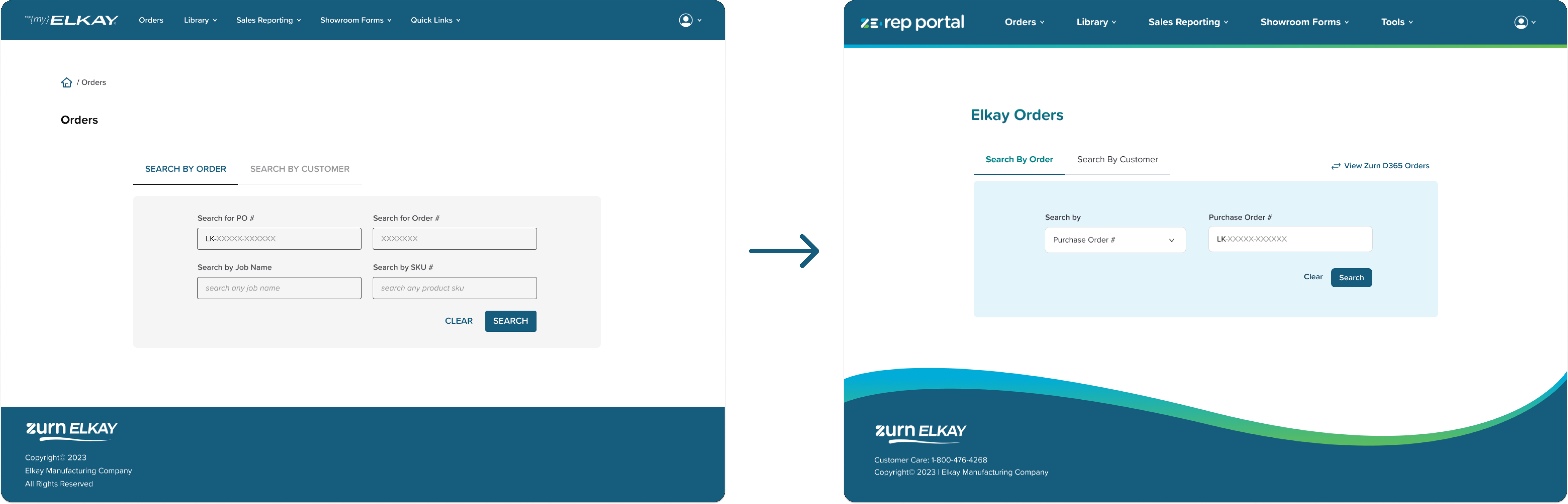 Interface with only navy and grayscale colors and rectangular footer versus Interface with Zurn-Elkay branded blues and greens and a wave-shaped footer